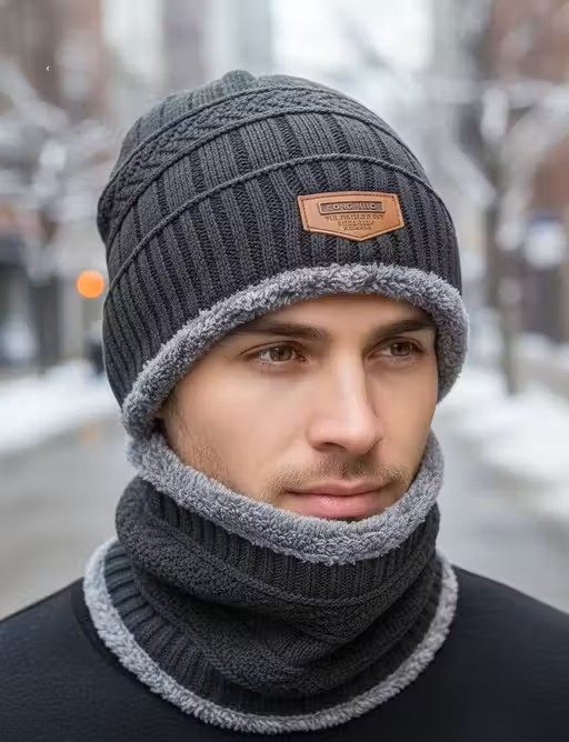 Men Grey Winter Cap with Neck Warmer | Men Winter Warm Cap Set