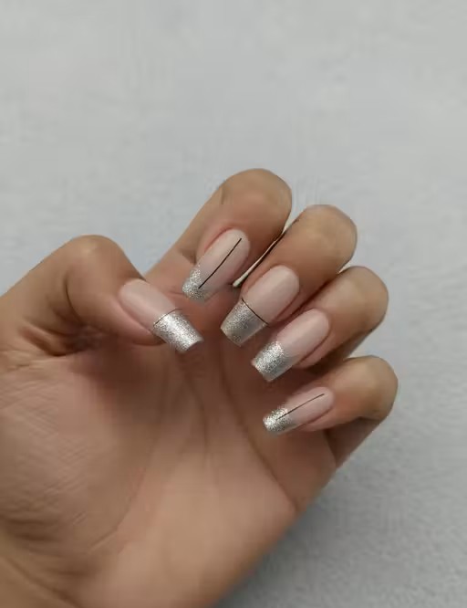 Press on Nails | Do It Yourself Beige with Silver Glitter | 24pcs Reusable Nails