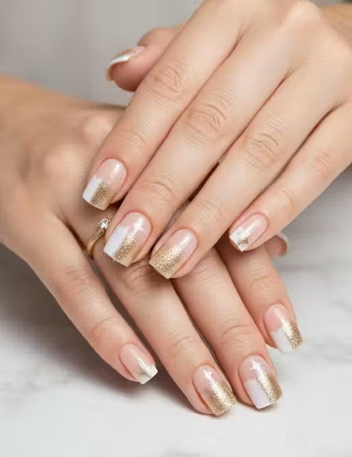 Press on Nails | Do It Yourself | 24 Natural Delicate & Comfortable Reusable Nails Peach with Golden Glitter and White Shade