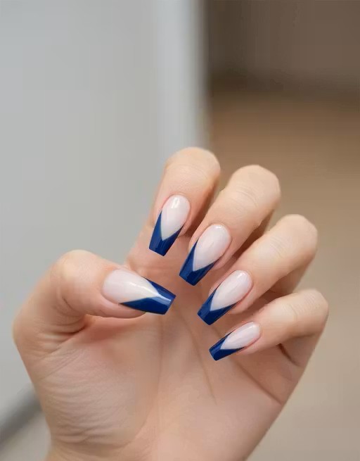 Press on Nails | One Minute Nail Pink with Royal Blue Tip | 24 Reusable Nails
