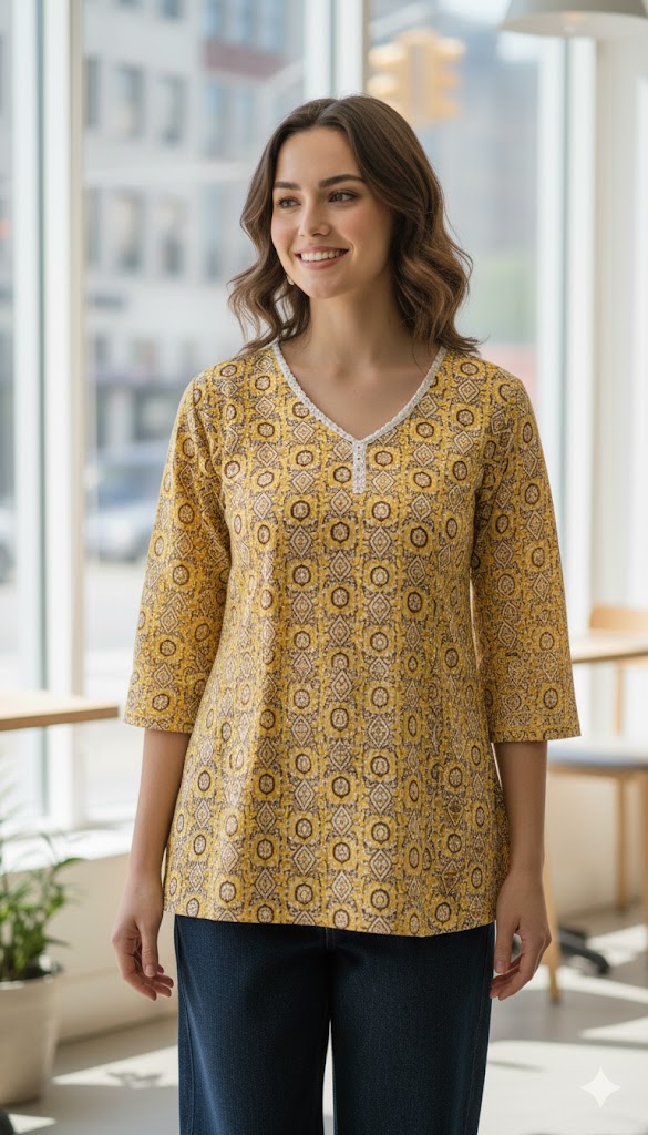 Women’s Cotton Floral A-Line Short Kurti (Yellow) | Casual Office Wear Kurti