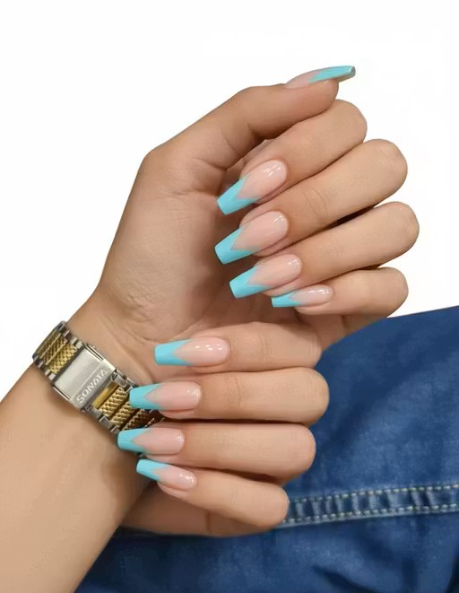 Press on Nails | One Minute Nail Pink with Sky Blue Tip | 24pcs Reusable Nails