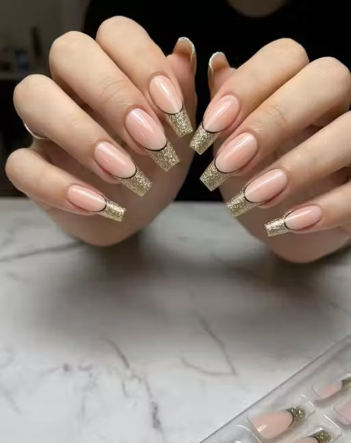 Golden Glow French Press-On Nails | 24pcs | Gold Spark French Nails
