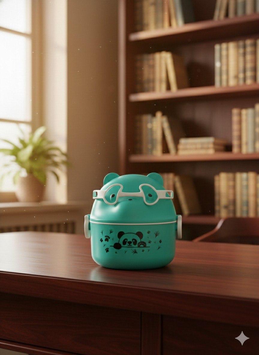 Green Panda Cartoon Lunch Box with Spoon | Cute Panda Cartoon Tiffin
