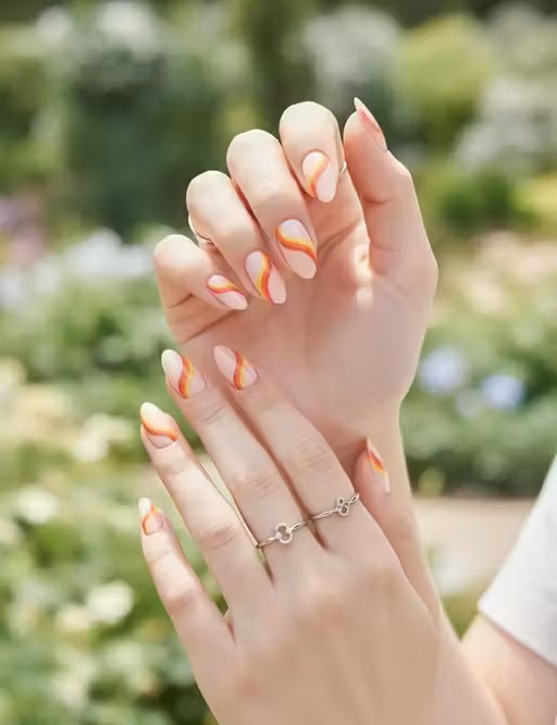 Pink Curve Lines Orange Combo Press-On Nails | Beautiful Cute Nails (24pcs)