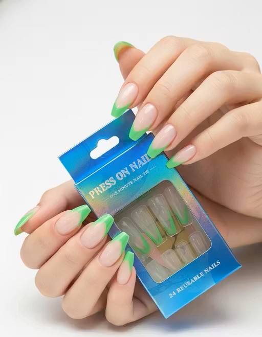 Neon Green V-Tip Glossy Press On Nails | One minute nail tip [24 pcs]