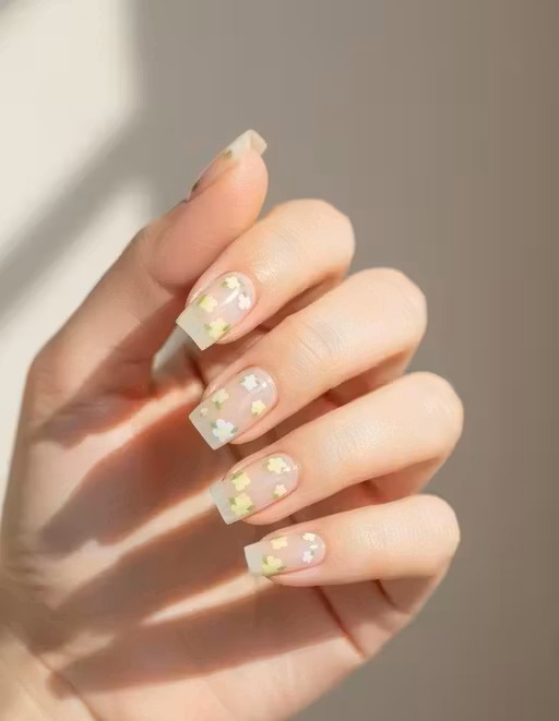 Press on Nails Transparent with Flower Printed | One Minute Nail Tip | 24 Reusable Nails