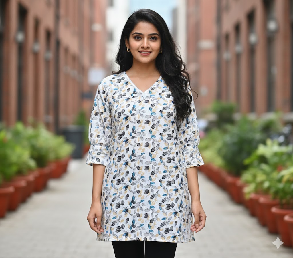 Blue Leaf Breeze Cotton Short Kurti | Casual Wear Short Kurti