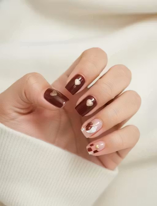 Press on Beautiful Nails Maroon with golden Glitter | Wonderful Nail Collection | 24pcs Reusable