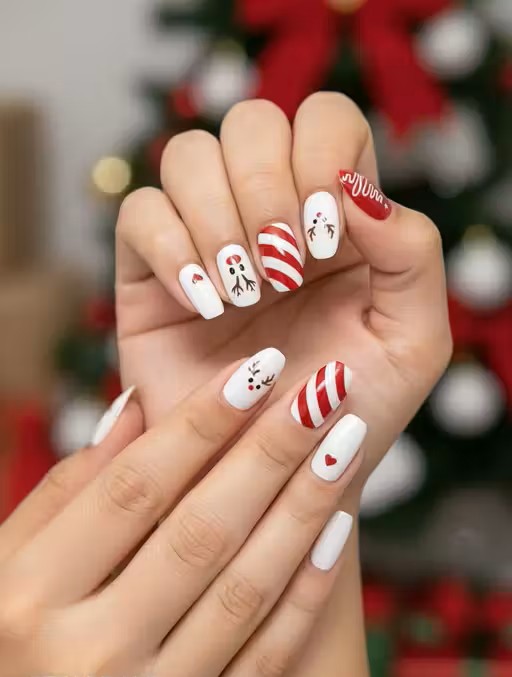 Christmas Candy Cane Press On Nails | Red White Artificial Nails (24 Pcs)