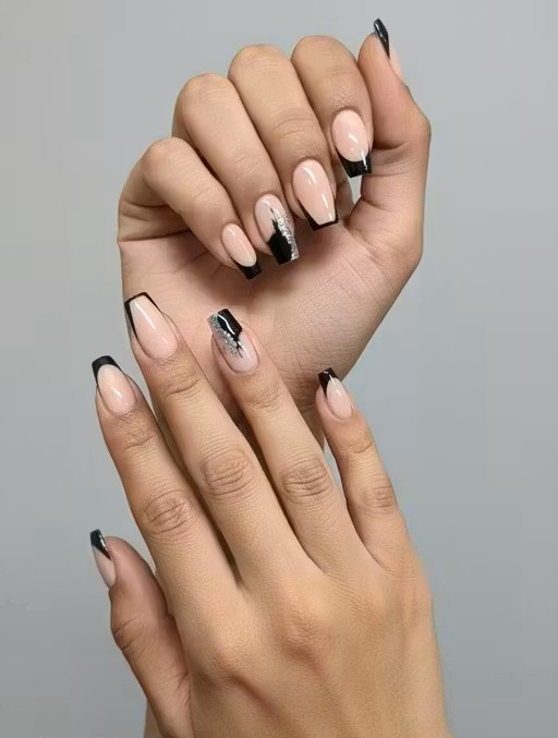 Press on Nails Pink & Black with Glitter | One Minute Nail Tip | 24pcs Reusable Nails