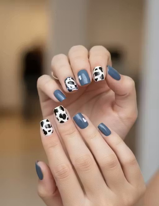 Press on Nails Faded Blue with Cow Print | One Minute Nail Tip | 24 Reusable Nails