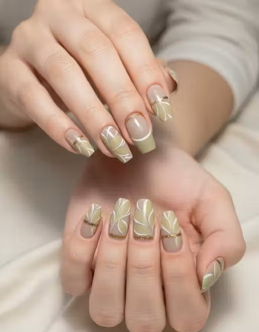 Olive Leaf Nude Press-On Nails | Green Leaf Nails Press On (24pcs)