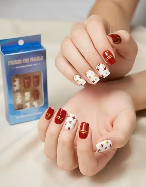 Red & Gold Star Designer Press On Nails |Glossy Party Wear Artificial Nails (24 Pcs)