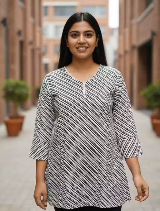 Women’s Cotton Striped A-Line Short Kurti - Black & White | Casual Office Wear Kurti