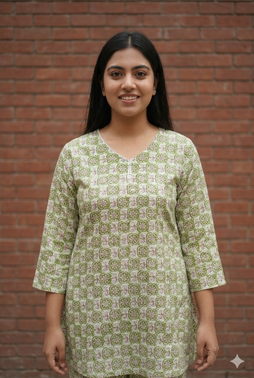 Women’s Cotton Printed A-Line Short Kurti (Green) | Casual Office Wear Kurti