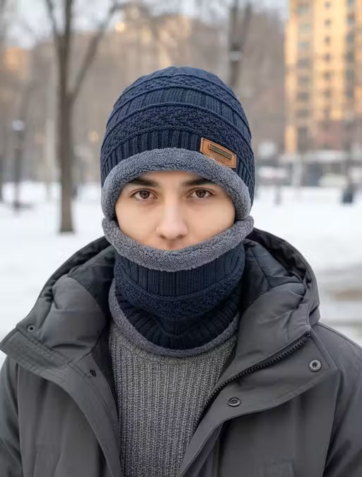 Men Blue Winter Cap with Neck Warmer | Men Winter Warm Cap Set with neck Warmer