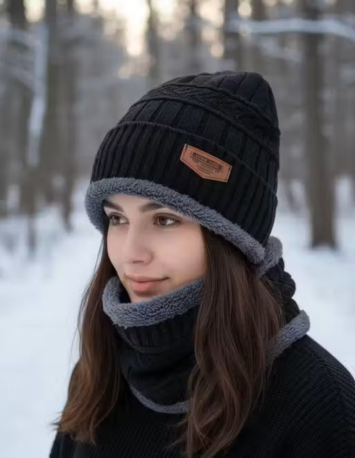 Unisex Black Winter Cap with Neck Warmer | Winter Warm Cap Set with neck Warmer