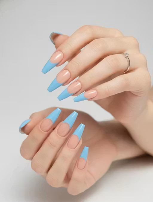 Sky Blue French Tip Press-On Nails | 24 Pcs Reusable Nails